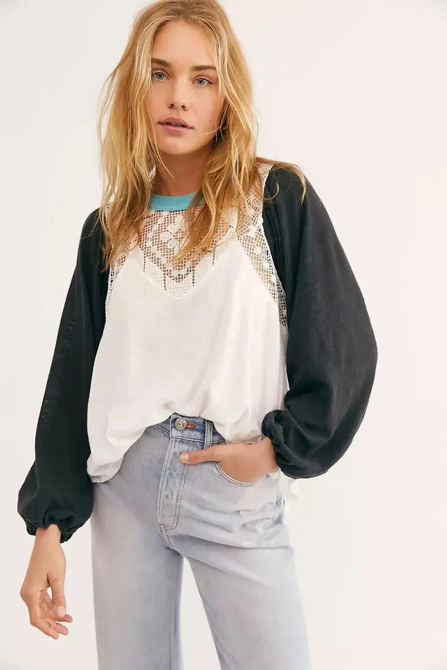 Free People We The Free Electric Night Top Linen Lace Balloon Sleeve Boho Size S